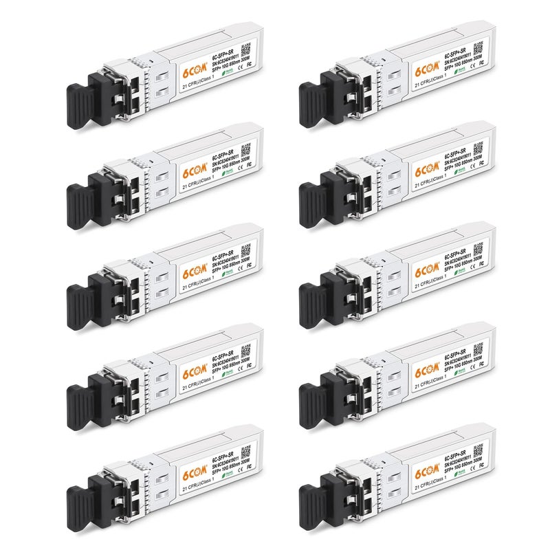 6COM 10Pack 10GBase-SR SFP+ Transceiver, 10G 850nm Multimode Module up to 300M, Compatible for Cisco SFP-10G-SR, Ubiquiti UniFi UF-MM-10G, Meraki MA-SFP-10GB-SR, D-Link, Netgear, Mikrotik, ZTE and More - Image 1